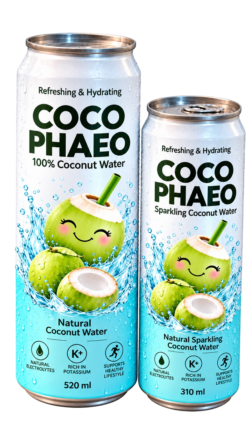 COCO PHAEO coconut water cans, 520 ml and 310 ml