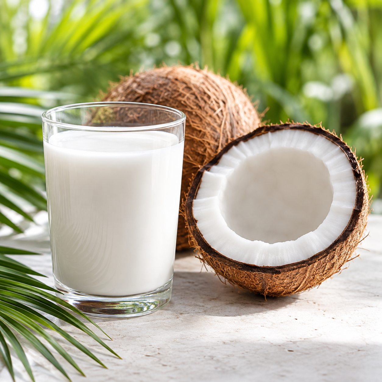 Coconut milk in a glass beside a coconut