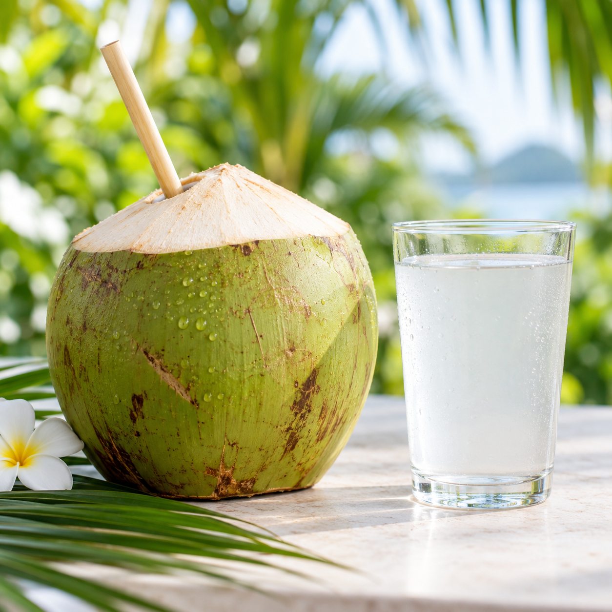 Fresh coconut and a glass of coconut water
